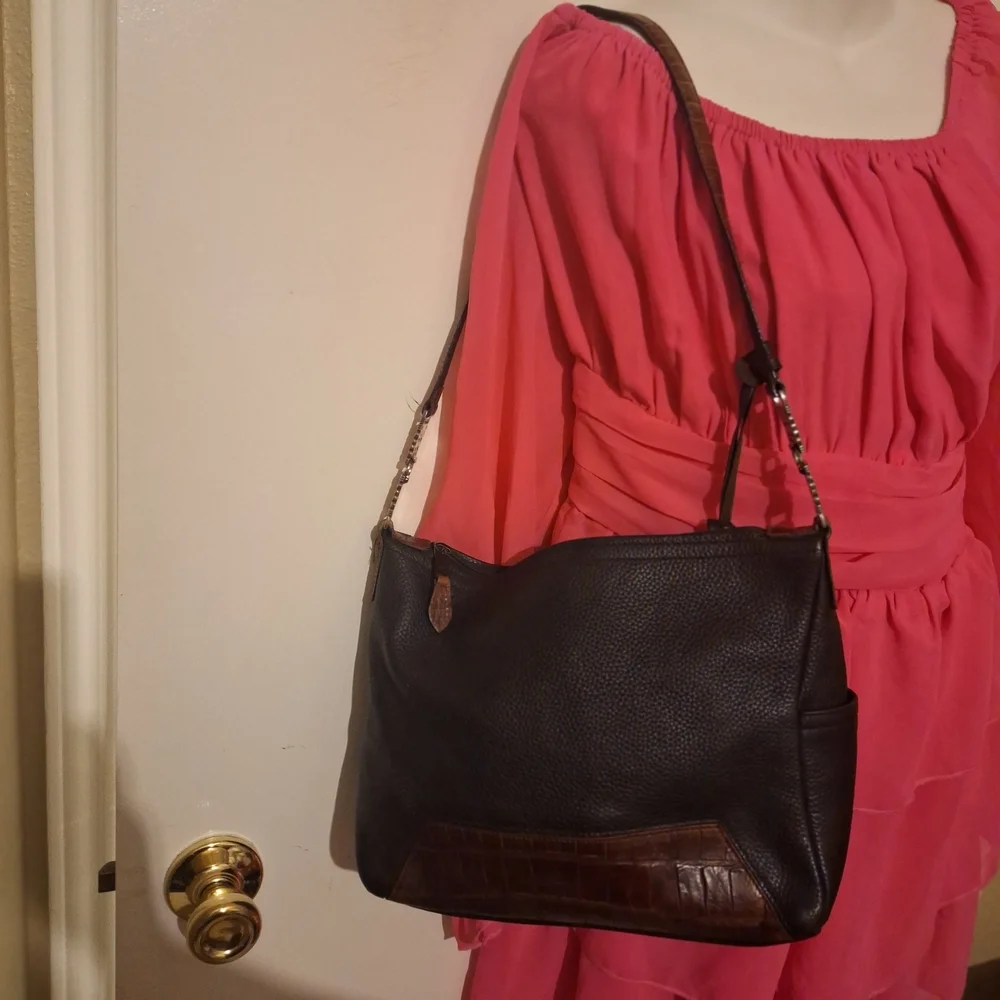 Brighton Blac Pebble Leather Shoulder Bag with Brown Trim